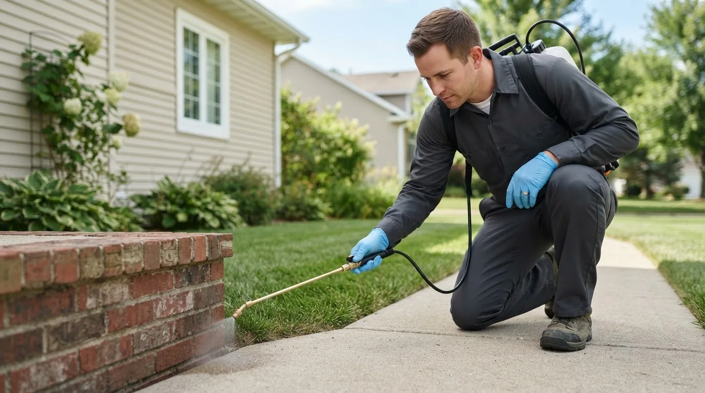 Pest control technician treating a home near Dufur, OR